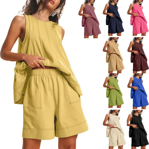 Yeokou Women's Basic Round Neck 2-Piece Summer Outfits - Sleeveless A-Line Tank Top, Contrast Stitching High-Waist Shorts with Pockets,sohochic