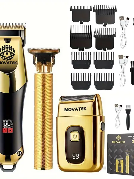 3 Piece Professional Blonde Hair Clipper & Trimmer Kit for Men USB Rechargeable Barber Set Featuring LCD Display, Adjustable Blade Hair Clippers, and Professional Men's Trimmer Hair Cutting Kits, Face