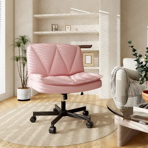 Raybee Cross Legged Vanity Chair Armless Home Office Desk Chairs with Wheels, PU Leather, Mid-Back, Height Adjustable, Faux Leather Wide Seat for Vanity Makeup, Modern Swivel Criss Cross Design Indoor Furniture #TikTokShopBackToSchool