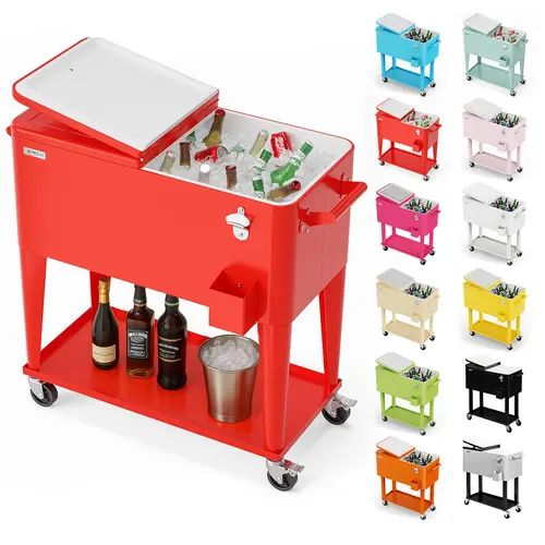 VINGLI 80Qt Rolling Ice Chest with Transport Wheels - Ice Retention & Portable Travel Cooler, Patio Party Bar Cart with Shelf, Bottle Opener & Water Pipe, Father's Day Gift for Camp Kitchen Use