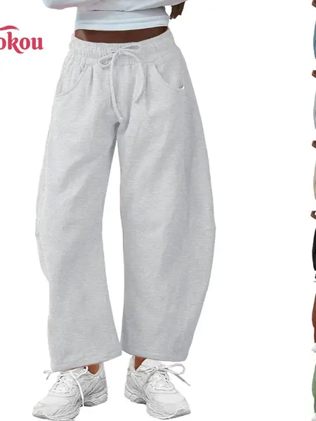 Yeokou Women's Soft Minimalist Basic Plain Casual Bottoms, Drawstring Elastic Waisted Barrel Leg Cotton Wide Leg Pants with Pockets,summerwins,back to school shopping,sohochic