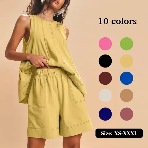 SCUSTY Women's Two Piece Outfit Cotton Matching Set  A-Line Sleeveless Tank Tops and High-Waist Shorts with Pockets
