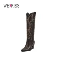 Wetkiss Womens Western Cowgirl Cowboy Knee High Boots with Embroidered Pointed Toe Chunky Heel Slip on Retro Tall shoes ,Women's Shoes,Women's Boots  , #WeeklyDeals#sohochic