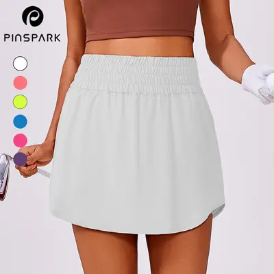 PINSPARK Women's High Elastic Waisted Fitted Quick-Dry Athletic Skort with 2 Pockets, Curved Hem - Golf, Tennis Activewear for Spring Outdoor Workouts