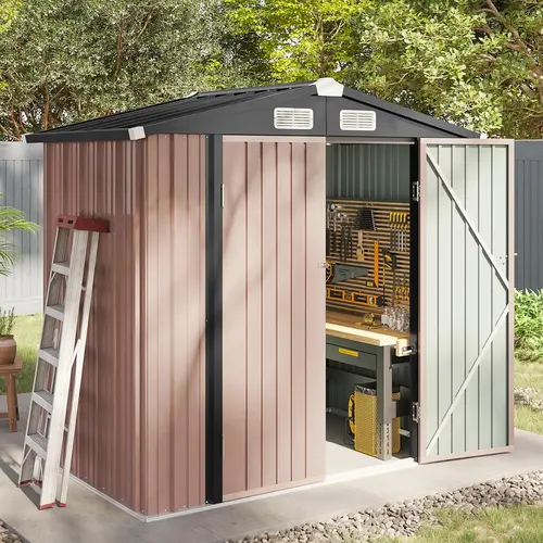 Aoxun Durable Garden Shed - Heavy-Duty Galvanized Steel Outdoor Storage Unit with Lockable Doors, Slooping Roof, Efficient Drainage, Brown Weatherproof Metal Build for Backyard, Patio, Weatherproof Metal Shed