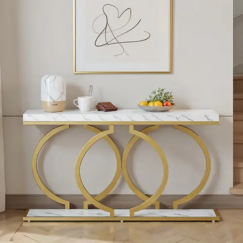 Spaco Rectangular Gold Faux Marble Console Table (55x11.8in) - Narrow Long Modern Contemporary O-Shape Gold Metal-Tone Pedestal with Wobble-Free Feet for Living Room Tables, Entryway Indoor Accent Piece
