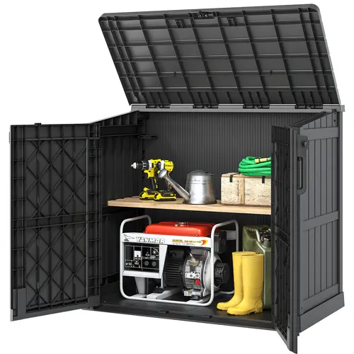 36CU.FT Outdoor Storage Box – Spacious & Secure Resin Storage Unit with Double Doors, Pre-Lock Lid & Foot Pedal Lock for Easy Access – Perfect for Bicycles, Trash Bins, Lawn Mowers & Garden Tools – Waterproof, UV-Resistant White Shelves,Summervibes