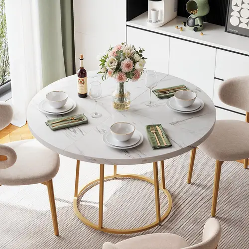 【BackToSchool】ONBRILL 47.24in Modern Round Dining Table - Faux Marble Tabletop, Scratchproof, Gold Base, 4-6 Seats Indoor Table for Home Dining Room, Kitchen, Modern Dining Table