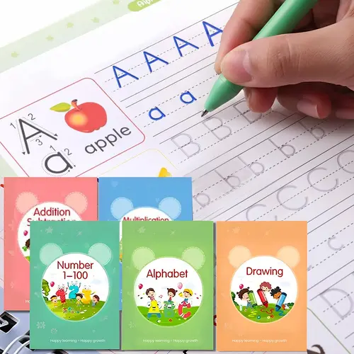 WTADAY Magic Grooved Lines Reusable Handwriting Workbook 5-Pack - Handwriting Practice Kit, 9.4in x 6.29in Large Format, 2 Pen Holding Aids, Reusable Ink Pens, Number Practice, Back to School Haul for 3-8 Age Kids, Classroom Teaching Supplies