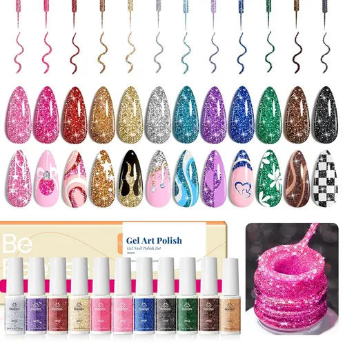 Beetles 12 Colors 5ml Reflective Glitter Gel Nail Liner Polish Kit - Soak-Off UV Cosmetic Set with Brush, Powder, French Design Options - Gold, Silver, Pink, Blue, Purple, Brown, Black - Women's Spring Manicure Gifts, Nail Care, 12 Colors 5Ml Star Is Born