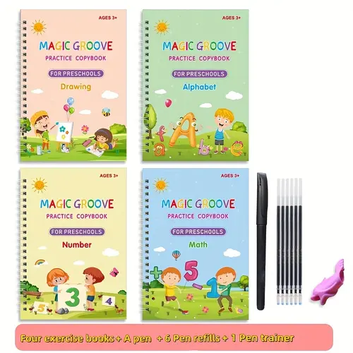 Magic Practice Scribe Book Set, 4 Counts/set Reusable Number & Letter & Math & Drawing Practice Scribe Book with 1 Pen, 6 Refill & 1 Pen,mess free and useful