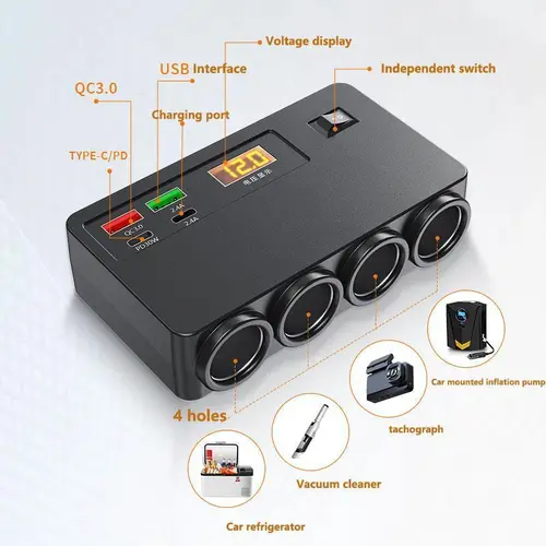 120W Multiport Vehicle Charger - 4-Cigarette Lighter Adapter with PD/QC 3.0, 12V/24V Independent Switches, Type C Charging for Phones, Tablets, GPS, More Car Devices,toolupgrade