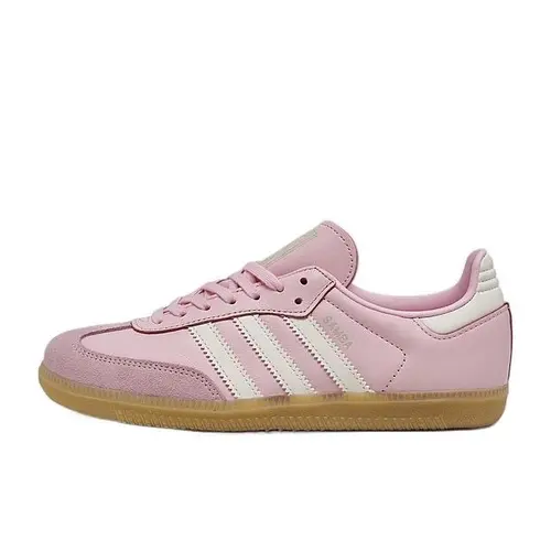 Adidas Samba OG Women's Luxe Vintage Suede & Smooth Leather Upper Striped Trefoil Flat Sneakers - Pearl Pink, Gum Sole, Back to School Athletic Trainers for Sporty Chic Casual Wear