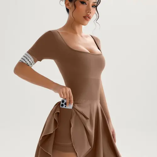 Women's Solid Square Neck Sports Dress with Inner Pocket, Casual Sporty Short Sleeve Skorts Dress for Daily Outdoor Activities, Ladies Sportswear for All Seasons, Tennis Dress, Workout Dress, Gym Dress, Womenswear