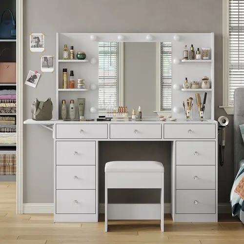 FUSOU 47"W 9 Drawers Makeup Table with 4 Shelves, Vanity Desk & Power Outlet, Makeup Vanity with Mirror and 10 LED Lights, Fold-up Panel, Vanity Set 3 Lighting Modes Brightness Adjustable