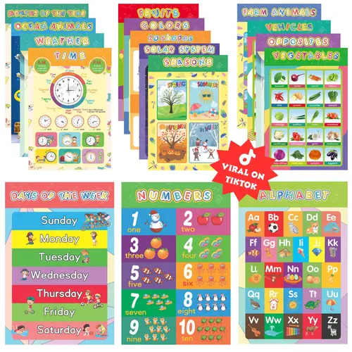 16 Vibrant Laminated Educational Posters - 11x16.5in Double-Layered Waterproof Classroom Supplies, Back to School Decor for Toddlers, Preschool Early Education - ABC, Shapes, Weather, Days, Months, Solar System, Farm Animals