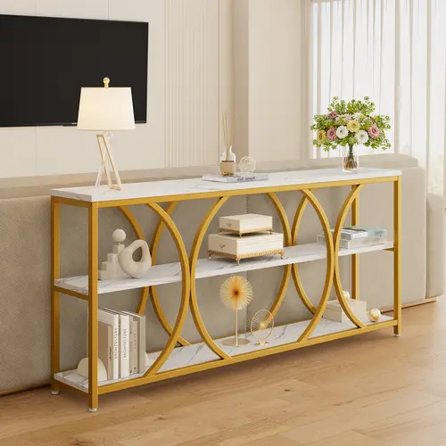 【SohoChic】ONBRILL Modern Console Table - 70.8in Extra Long Gold Sideboard with 3-Tier MDF Storage Shelf, Geometric Frame, Faux Marble Top, Quick Assembly for Living Room, Coffee Bar, Long End Table Use, Coffee Bar Table, Living Room Tables