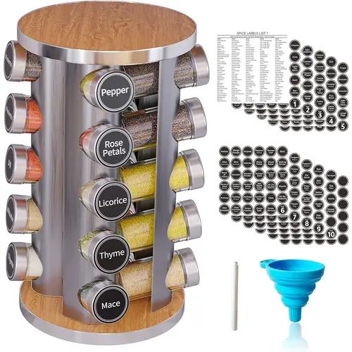 summerwins New England Stories 20-Jar Stainless Steel 360° Rotatable Spice Rack Organiser - Durable Slim Space-Saving Countertop Kitchen Accessory, Multilayer Storage Organization Unit with 386 Preprinted Labels That Save Time for Pantry Home Supplies