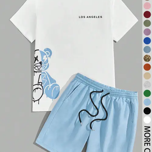 Men's Two-Piece Cartoon Bear and Letter Graphic Print Short-Sleeve Tee and Shorts Set, Regular Fit Casual Round-Neck T-shirt and Track Shorts, Summer Clothes Set for Men