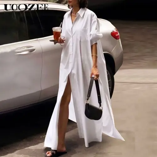 UOOZEE Women's Solid White Maxi Shirt Dress - Soft Light Cotton Drape Long-Sleeve Button-Down Split-Side Lapel with Included Camisole, Loose Fit, Modern Minimalist Modest Casual Fashion