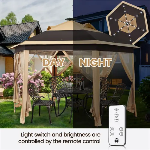 Yaheetech 13x13 Pop-up Remote Control Light Gazebo, Lightweight Canopy Patio Parasol with 360° Mesh Walls, 25 LED Ambience Solar Lights, 3 Height Adjustments, 10.2" Folded Storage Bag, 10.2" Folded Bag