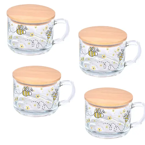 Temp-tations Set of (4) 16-oz Glass Mugs with Wood Lids Dinnerware Kitchenware