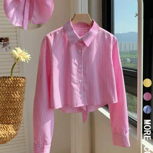 Women's Striped Print Shirt Blouse, Casual Long Sleeve Collared Top for Daily Wear, Casual Daily Tops, Ladies Clothes for All Seasons, Knot Button