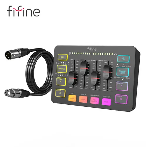 Fifine SC3 Live Audio Mixer with XLR Cable Bundle - RGB Lights Soundboard Device for Content Creators, Gamer Stuff, PC Streaming, Recording; XLR Interface, Volume Faders, Mute Button, Computer Mic