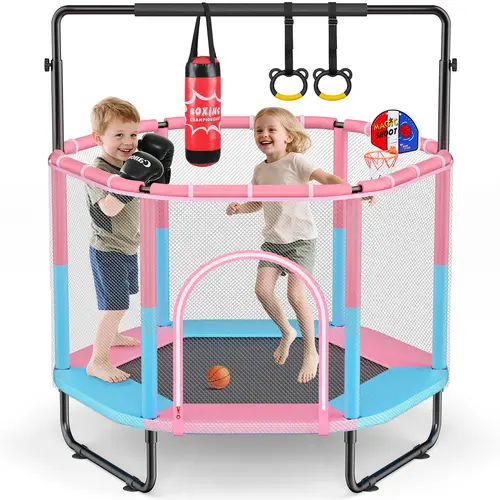 60" Trampoline for Kids with Net,  Toddler Trampoline Indoor Outdoor Playset with Basketball Hoop, Gymnastic Rings & Punching Bag, Kids Trampoline Toys for Boys Girls Ages 1-8