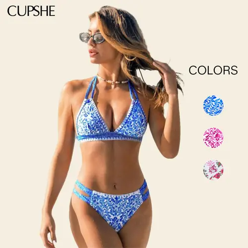 CUPSHE Soft Bohemian Style Halter Neck Bikini Set, 2026 Mediterranean Blue 2 Piece Swimsuit with Shell Stitch, Supportive Removable Cups and Cheeky Coverage, Summerfinds#SohoChic