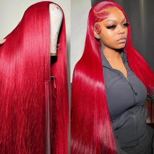 Hot Star Red Color 13x6 HD Transparent Lace Front Wigs with Baby Hair for Women Straight and Body Wave Colorful Wigs 180% Density