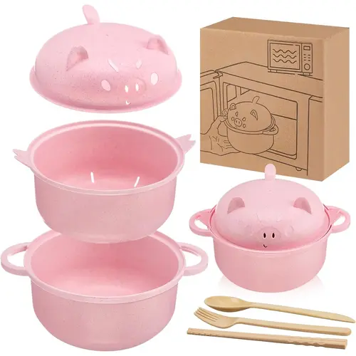 ONESHOW HOME Cute Wheat Straw 43oz Ramen Cooker Tableware Set - Microwave Safe, Ergonomic Piglet Design, Includes Chopsticks & Spoon, For Ramen+Pasta+Sauce, Less Scrubbing, Child Essential (Summer Mid-Year Restock Sale),sohochic