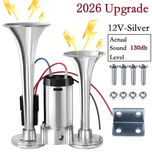 2026 Upgraded 12V 130DB High Power Dual Air Horn Kit with Compressor - Easy Install Car Accessories, Truck Horns for Vehicles, Pickups, SUVs, Boats, Home Safety Alarm (SilverBlack)