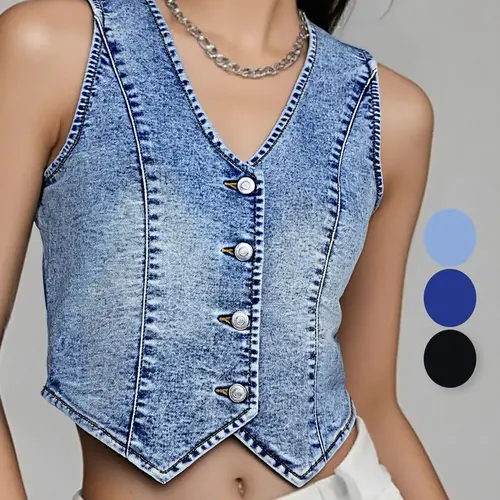 Women's Summer Casual Cropped Slim Light Wash Denim Vest Top, Stretch V-Neck Western Country Style Sleeveless Jean Waistcoat