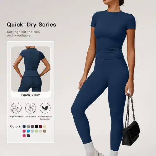 Women's Solid Color Top & High Waist Leggings Sports Set, Exercise Clothing, Casual Comfy Breathable Two-piece Sports Outfit for Yoga Gym Workout Running, Ladies Sportswear for All Seasons