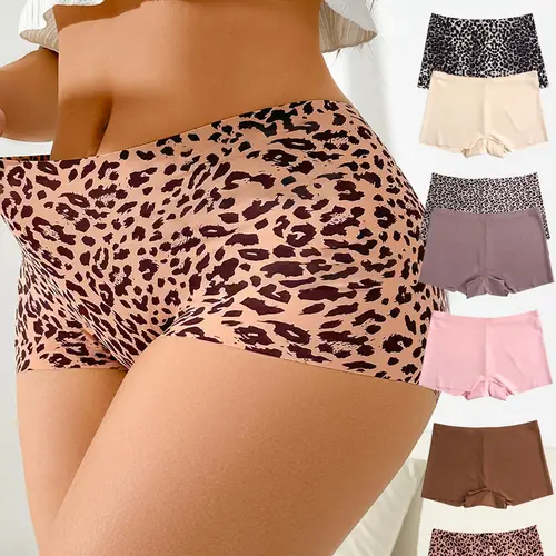 【Plus Size】 Solid & Leopard Print Boyshorts, Casual Comfy Breathable Printed Panties for Daily Wear, Women's Underwear for All Seasons, Casual Comfy Panties, Solid Print Knicker, Casual Panty, Fitted Underwear