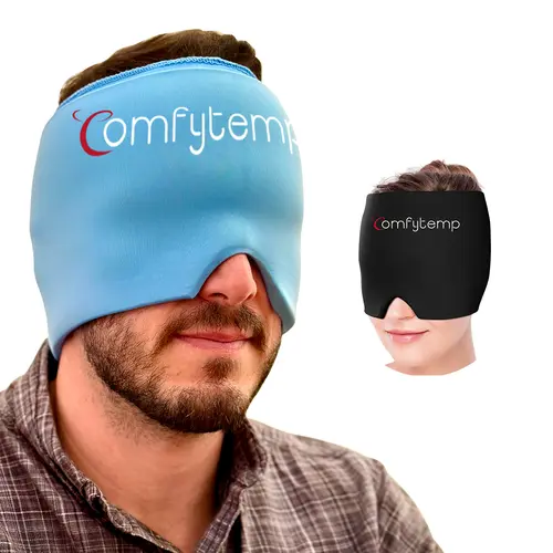 Comfytemp Migraine Relief Therapy Cap - Wearable Reusable Cold-Hot Pack with Stretchable Eye Mask, Sleep Aid Products for Adults, One Size Travel Size, Tension & Stress Relief, Home & Office Use, Blue & Black