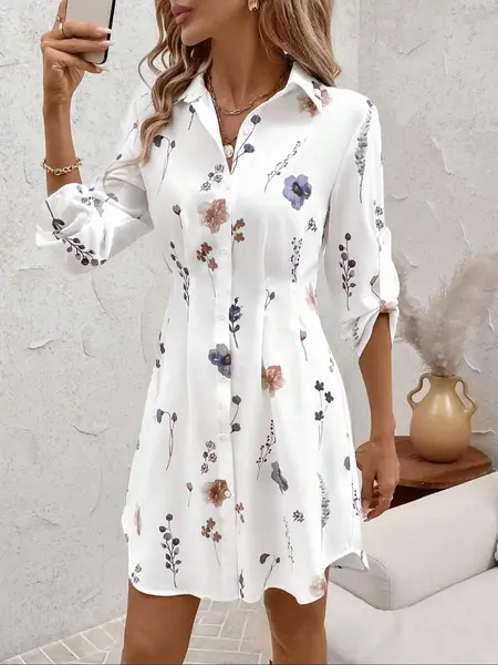 Women's Floral Print Shirt Dress, Casual Long Sleeve Collared Dress for Summer, Ladies Clothes for Daily Wear, Casual Dresses