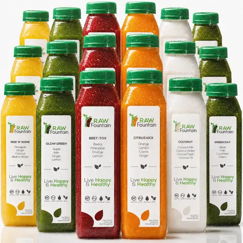 RAW Fountain Juice Cleanse Detox w/ Coconut, All Natural Cold Pressed Juices, Great Way to Reset Digestion System, 3, 5 and 7 Day, 12oz Bottles