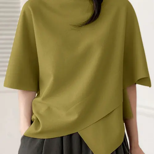 Women's Solid Color Basic Blouse, Shirts, Casual Style Round Neck Baggy Top for Summer, Breathable Soft Lightweight Women's Clothing for Everyday Wear, Patchwork