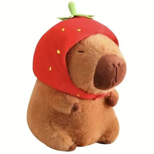 Ava lalagaga Strawberry Capybara Plush Toy - Vibrant Strawberry-Inspired Hood, Perky Green Leaf, Soft Plush, Summer Gift, Room Decor, Packed in a Vacuum Sealed Bag, Fun Stuffed Animal for Birthday Holidays