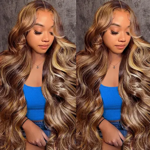 Pizazz Honey Blonde Lace Wig Human Hair 220 Density 4/27 Highlight Ombred Colored 13x6 HD Lace Front Wigs Human Hair Body Wave Lace Front Wig Human Hair Pre Plucked Lace Frontal Wigs Human Hair for Women