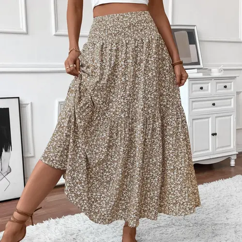 Women's Ditsy Floral Long Skirt, Casual Fitted A-Line Design, Elastic Waist with Pockets, Fall & Winter Wear, Plain Surface Style, Feminine