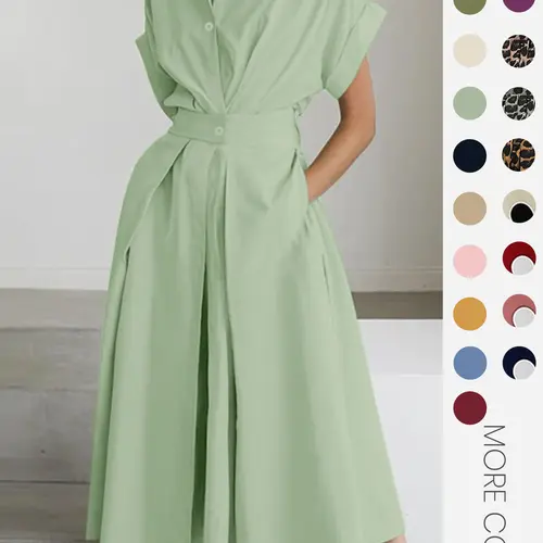 Women's Solid Color Woven Collared Shirt Dress, Basic Casual Short Sleeve Dress for Summer, Ladies Clothes for Daily Wear, Womenswear Fit, Piece, Casual Daily Outfit, Buttoned Dress