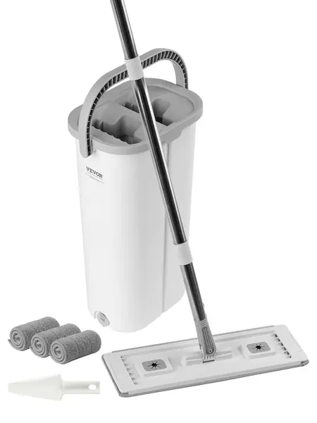 【toolupgrade】VEVOR Mop and Bucket Set with Wringer - Wet & Dry Use Flat Mop, Stainless Steel Handle, 3 Washable Microfiber Pads, Removable Slim Design, Cleaning Supplies for Hardwood, Tile, Vinyl, Baseboards