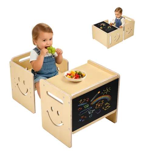 【toolupgrade】VEVOR 3-in-1 Montessori Ready Wooden Toddler Table & Chair Set, Rectangular Furniture with Chalkboard, Adjustable Height, Ideal for Eating, Drawing - For Ages 1-5, Natural Dining Set, Height Adjusts