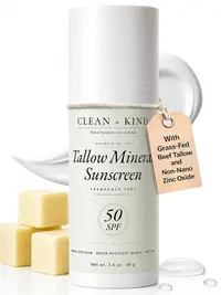 Clean + Kind Tallow Mineral Sunscreen - Lightweight Clean Sun Protection - Non-Nano Zinc Oxide & Raspberry Oil - Reef Safe Organic Daily