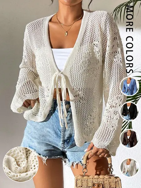 Women's Fitted Plain Sheer Tie Front Knitting Cardigan, Casual Elegance Long Sleeve Cardigan for Daily Wear, Ladies Knitwear Fashion Knit Clothing for All Seasons, Womenswear