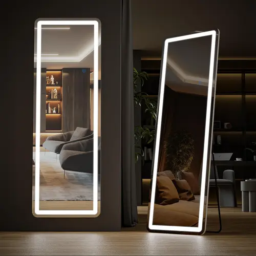 Sweetcrispy Rectangular Floor Mirror with Stand - LED Integrated Home Decorative Modern Mirror, Dimmable & 3 Color Lighting for Room Decor