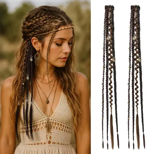 NAYASA Women's 2PCS Clip in Hair Extensions - 20" Boho Dreadlock & Fishtail Braids with Beads & Charms, Handmade Synthetic Hairpieces for Cosplay & Daily Braids Hairstyles, Extensions Hair,sohochic